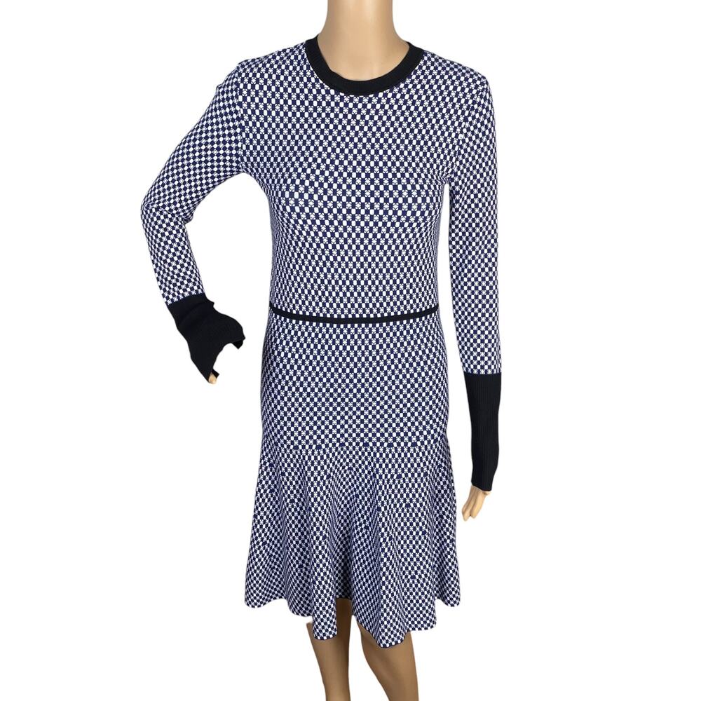 Sportmax Max Mara Blue Checker Gingham Drop-Waist Knit Sweater Dress SZ S